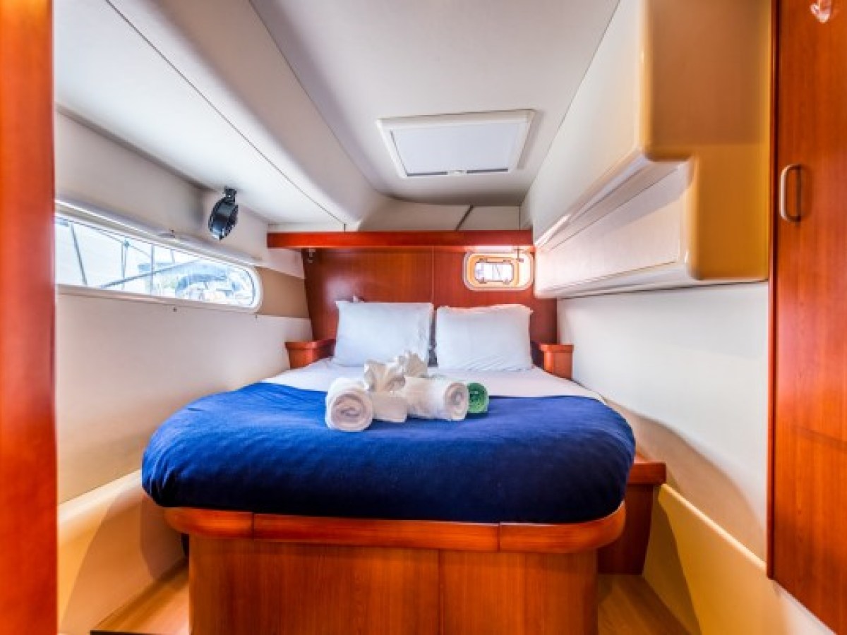 a bedroom with a wooden door