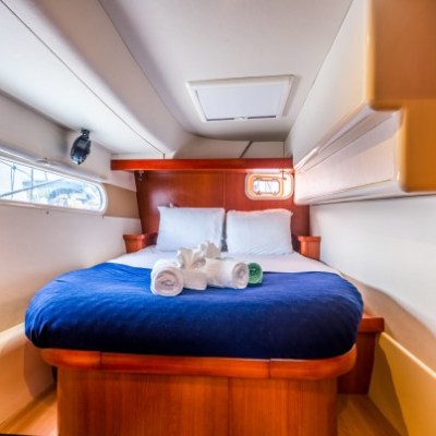 a bedroom with a wooden door