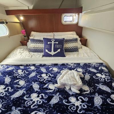 Cozy boat cabin with nautical decor, blue octopus blanket, and 'Sail Away' anchor pillow.