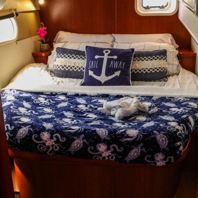 Cozy boat cabin with a bed, anchor-themed pillow, and blue bedding.